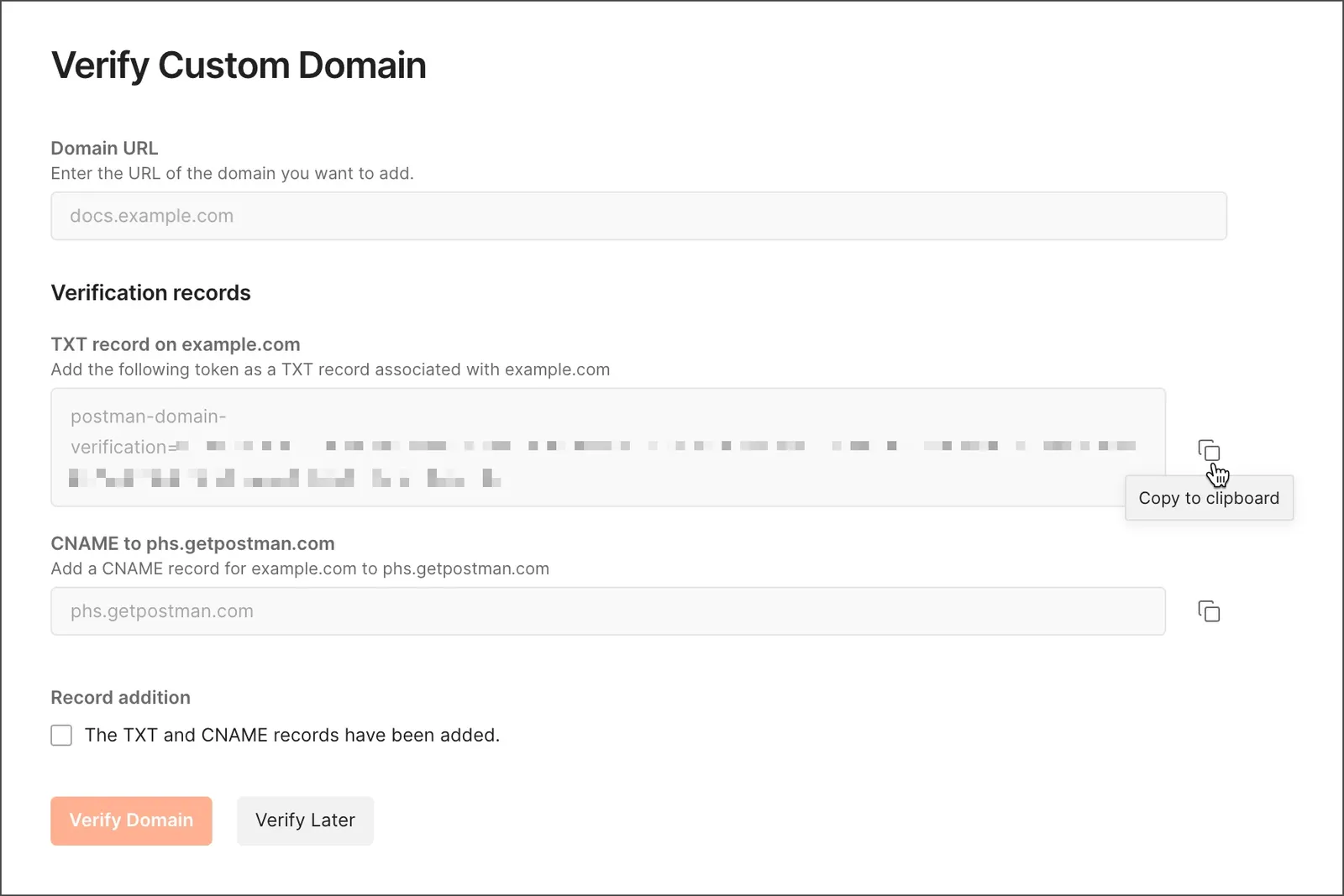 Custom domain TXT and CNAM records