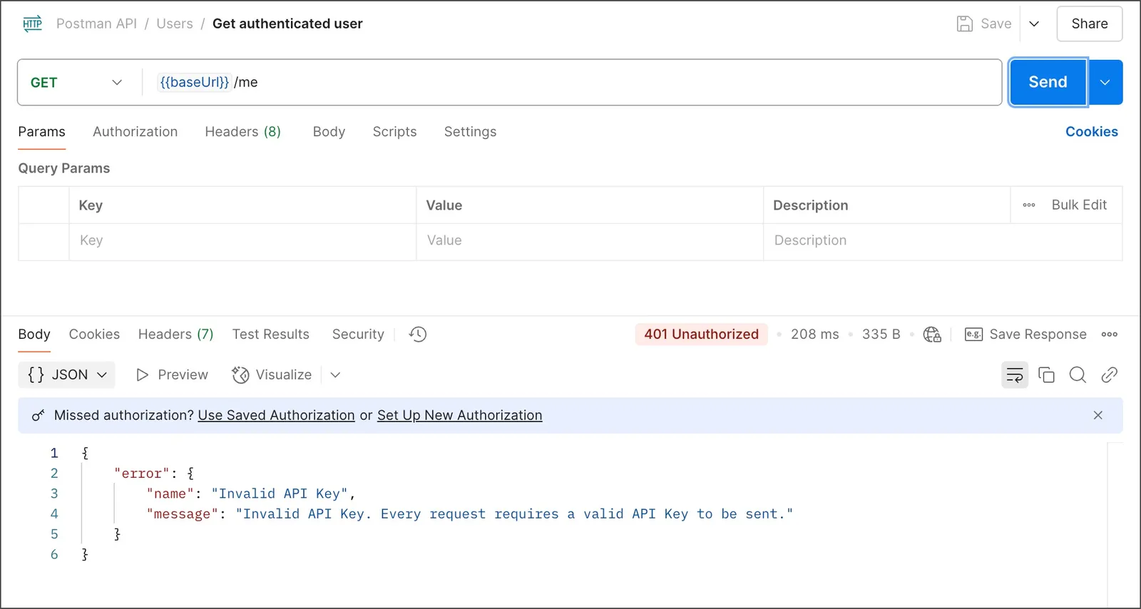 The Invalid API Key authentication error