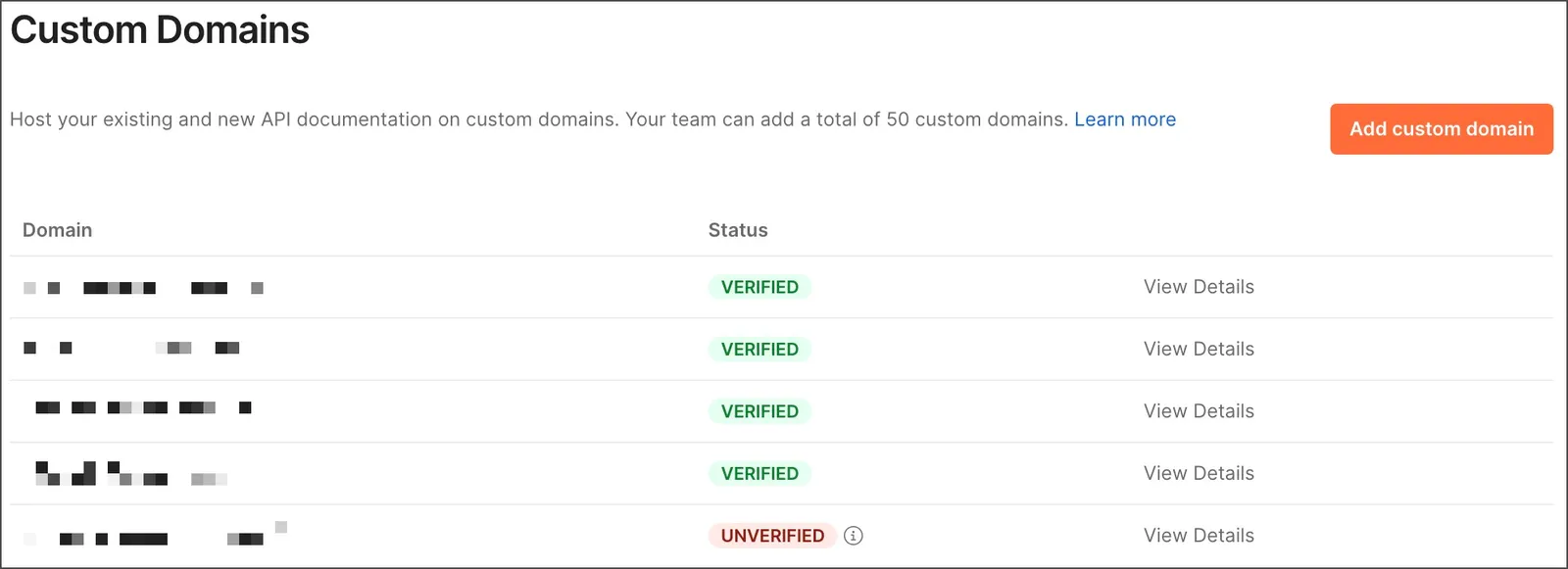 Viewing custom domains