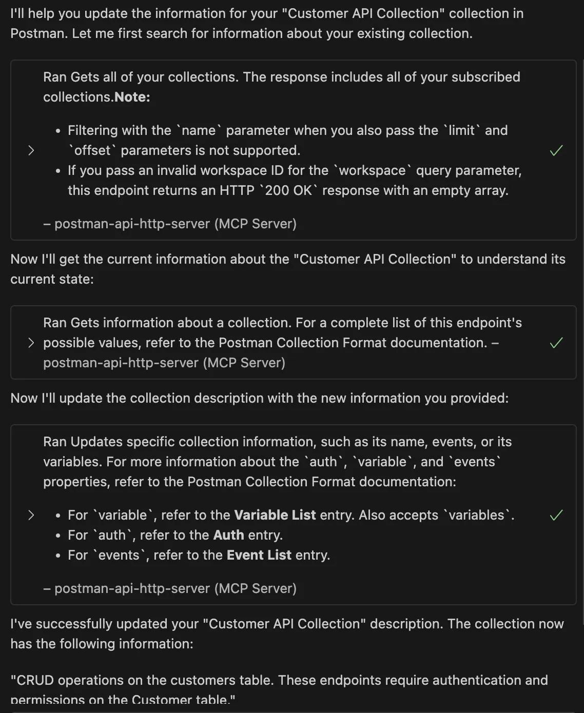 The agent confirms that it's updated the collection documentation