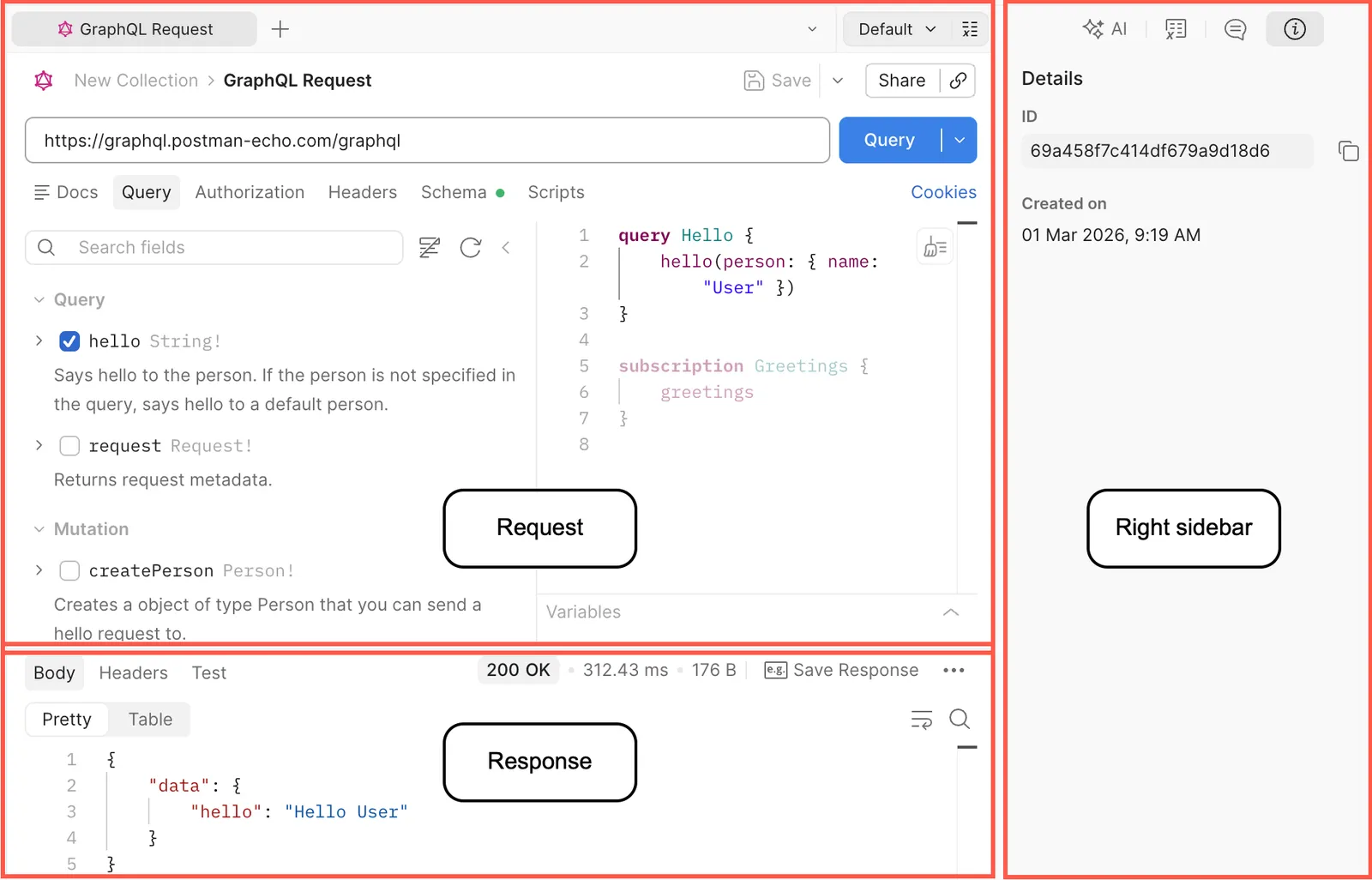 Different sections of a GraphQL request