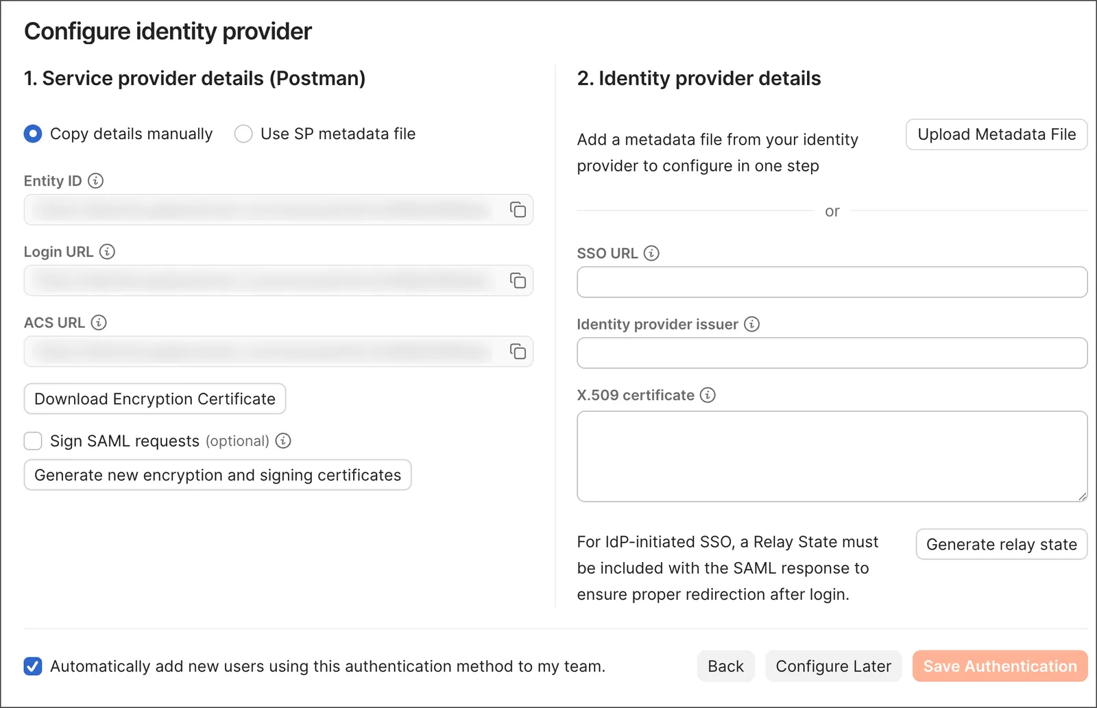 Configure identity provider details in Postman