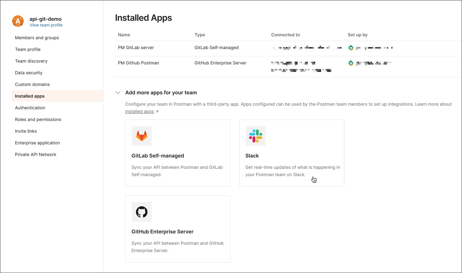 Adding an installed app from Team Settings