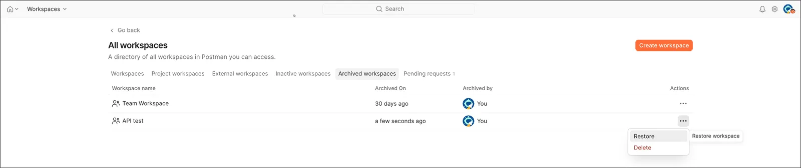 Restore workspaces