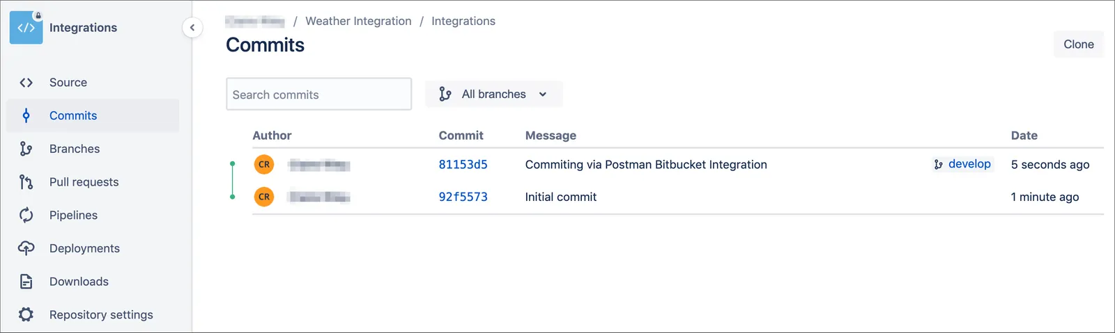 Bitbucket commits list