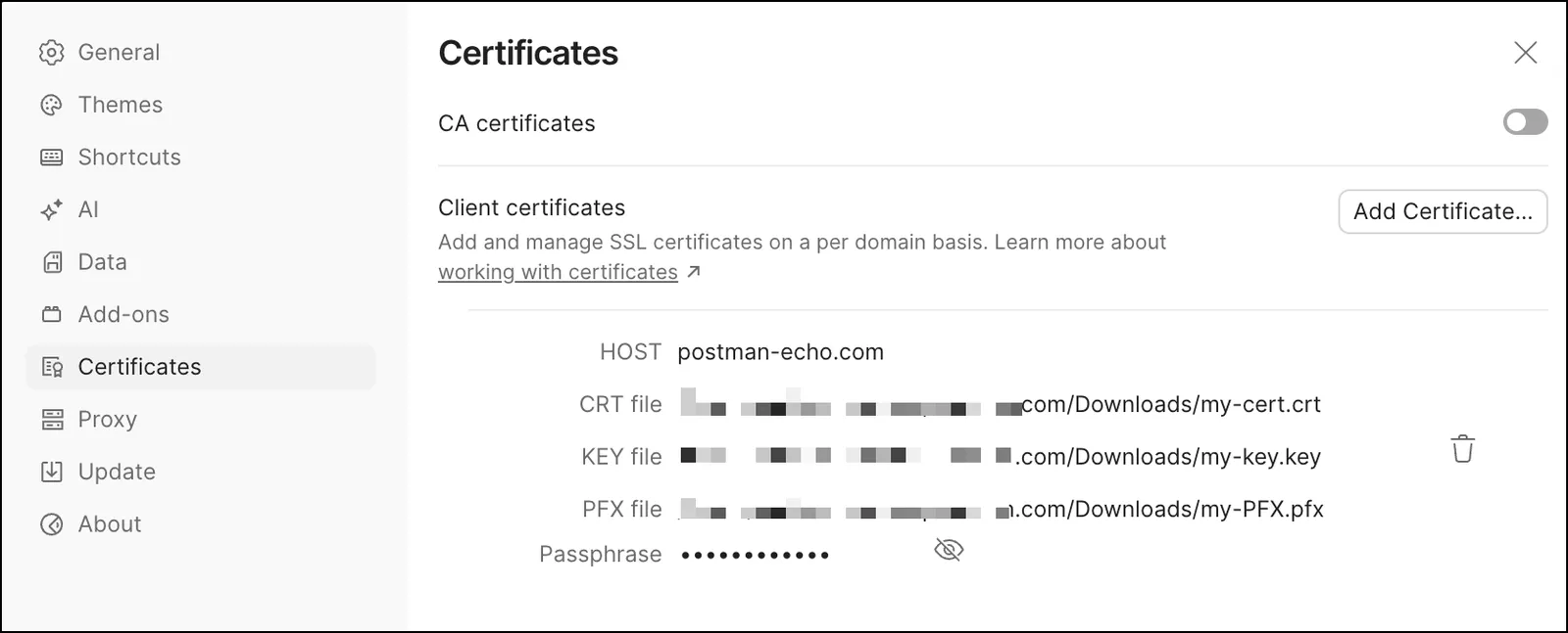 Certificates tab
