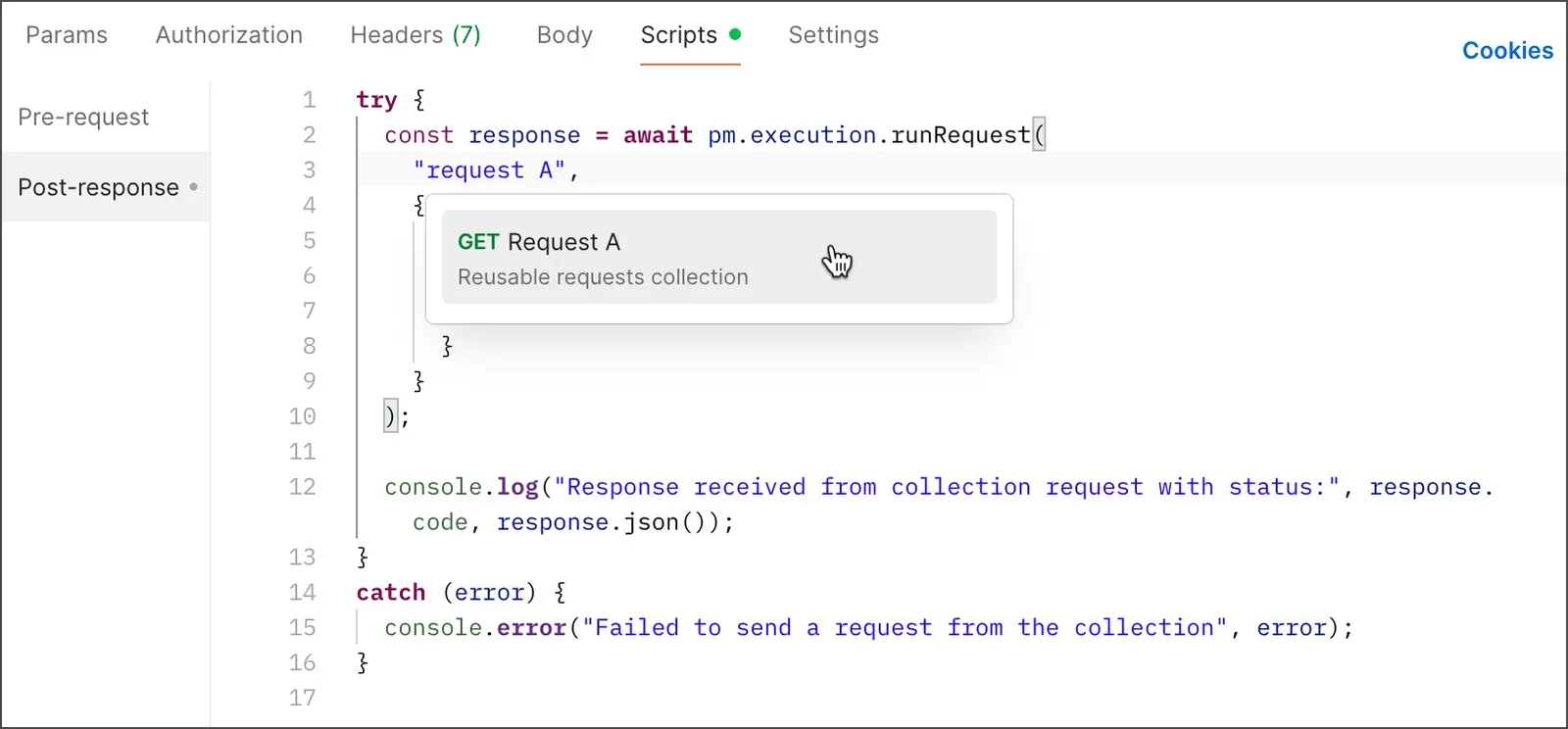 Use scripts to send request stored in collection