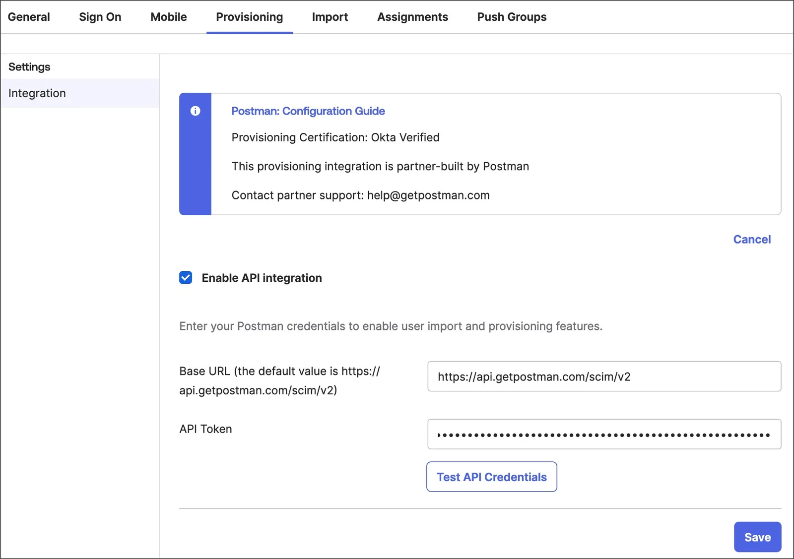 Configure provisioning in Okta's Postman app