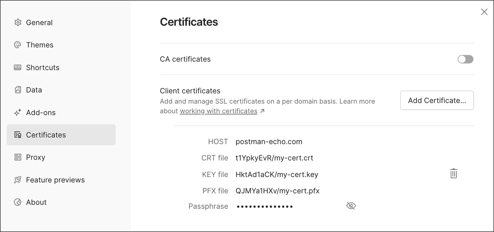 Certificates tab