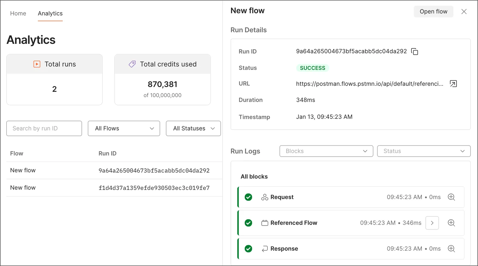 Flows analytics run log
