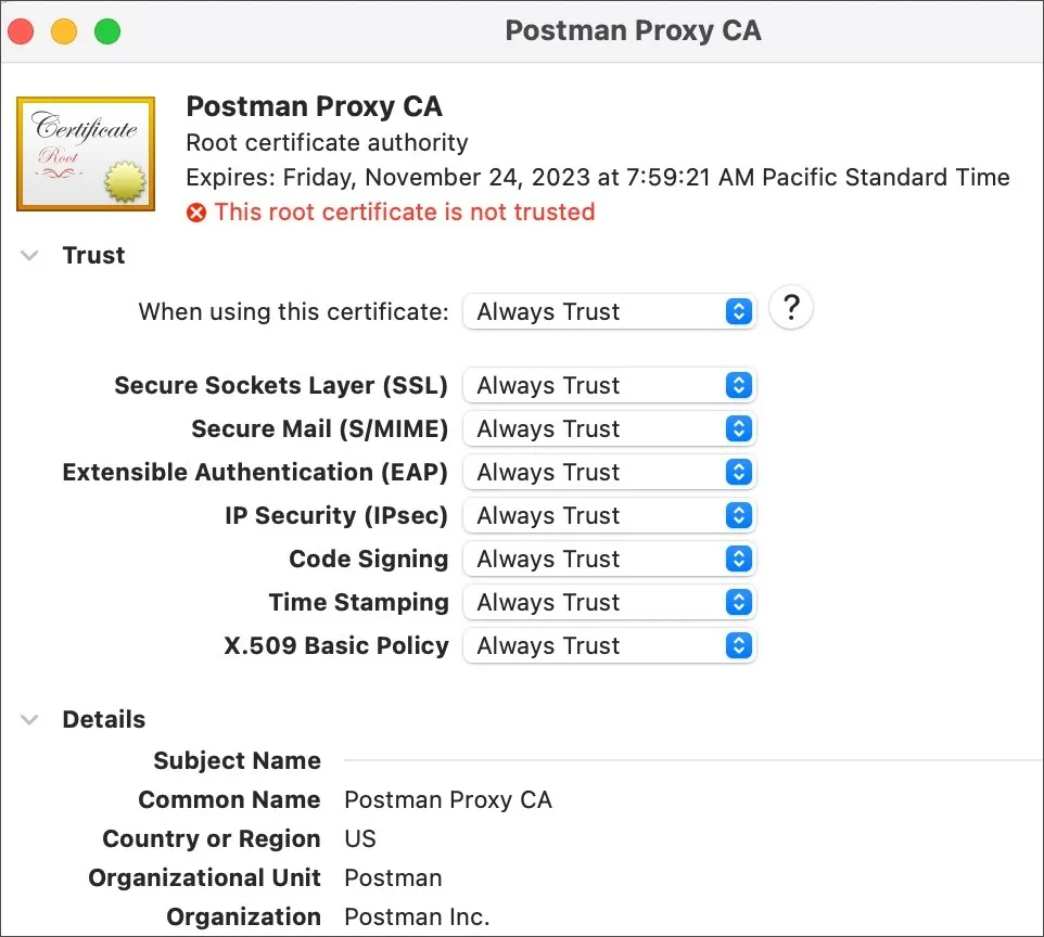 Select always trust for Postman keychain