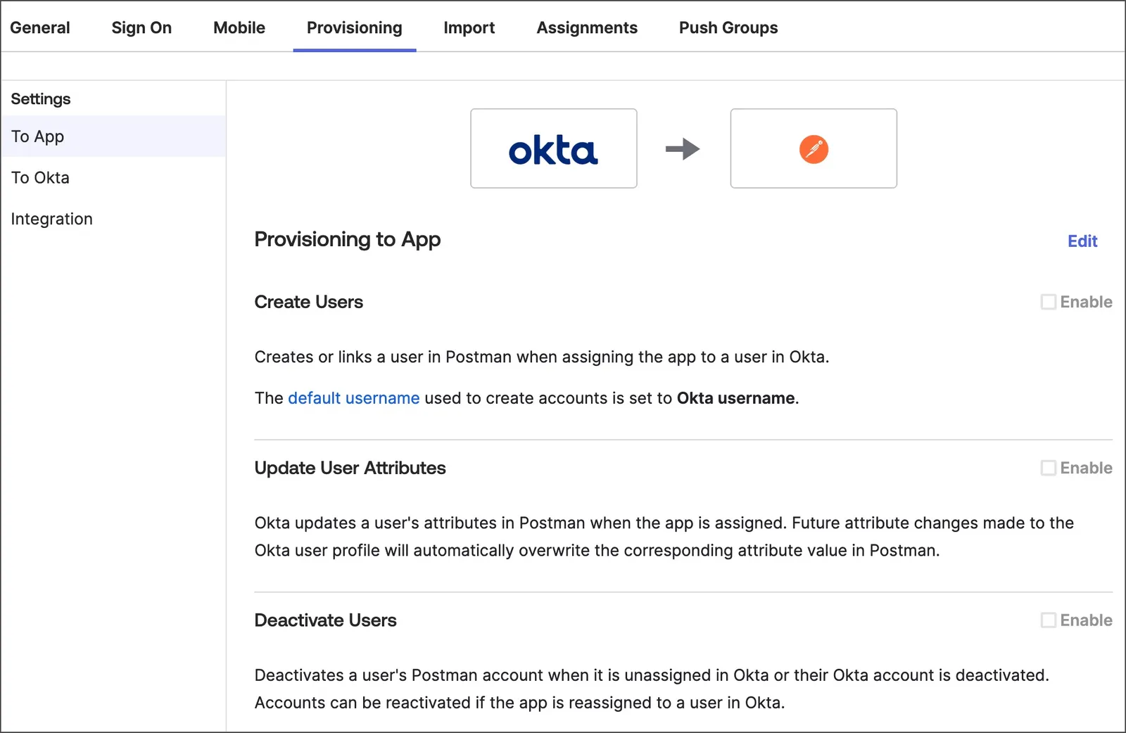 Configure features in Okta's Postman app