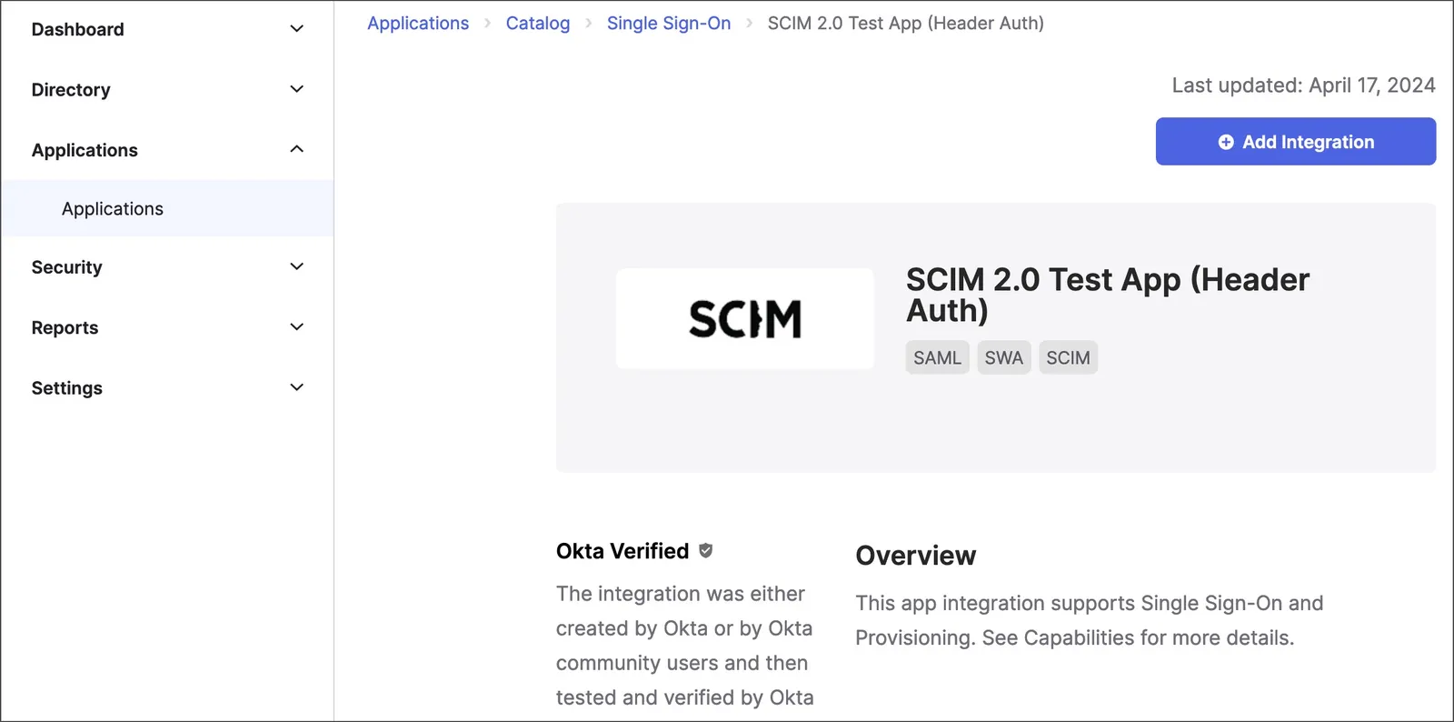 Add new Okta SCIM test app