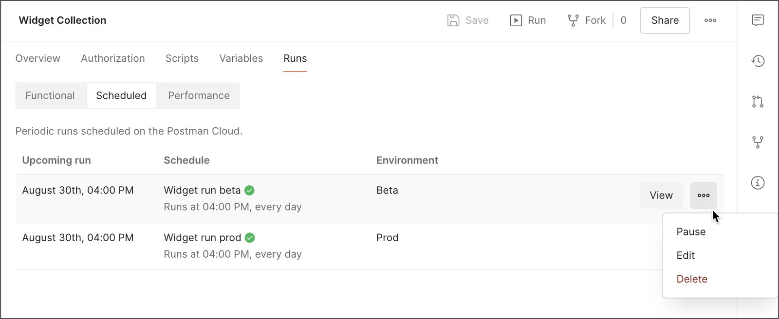 Scheduled runs tab