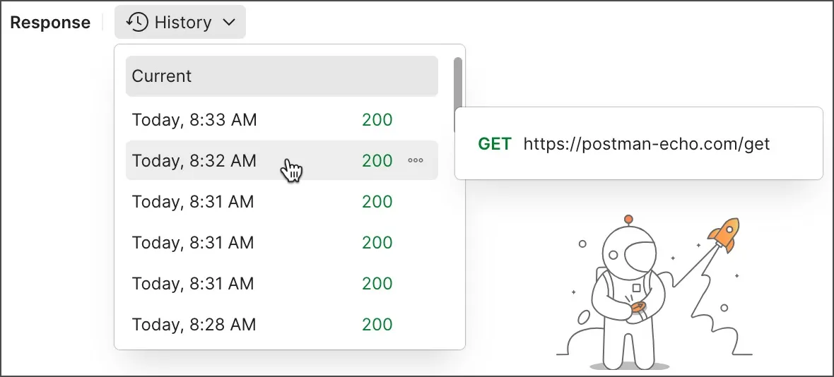 Select a request and response from your history