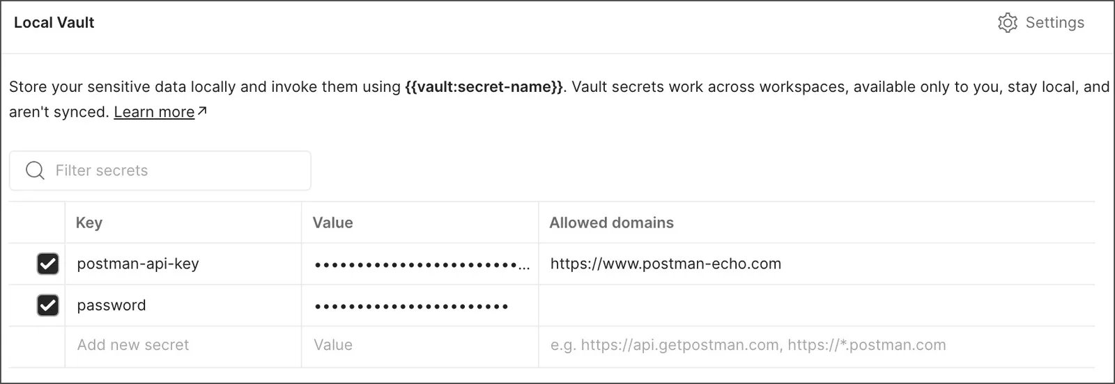 Add secrets to Postman Vault