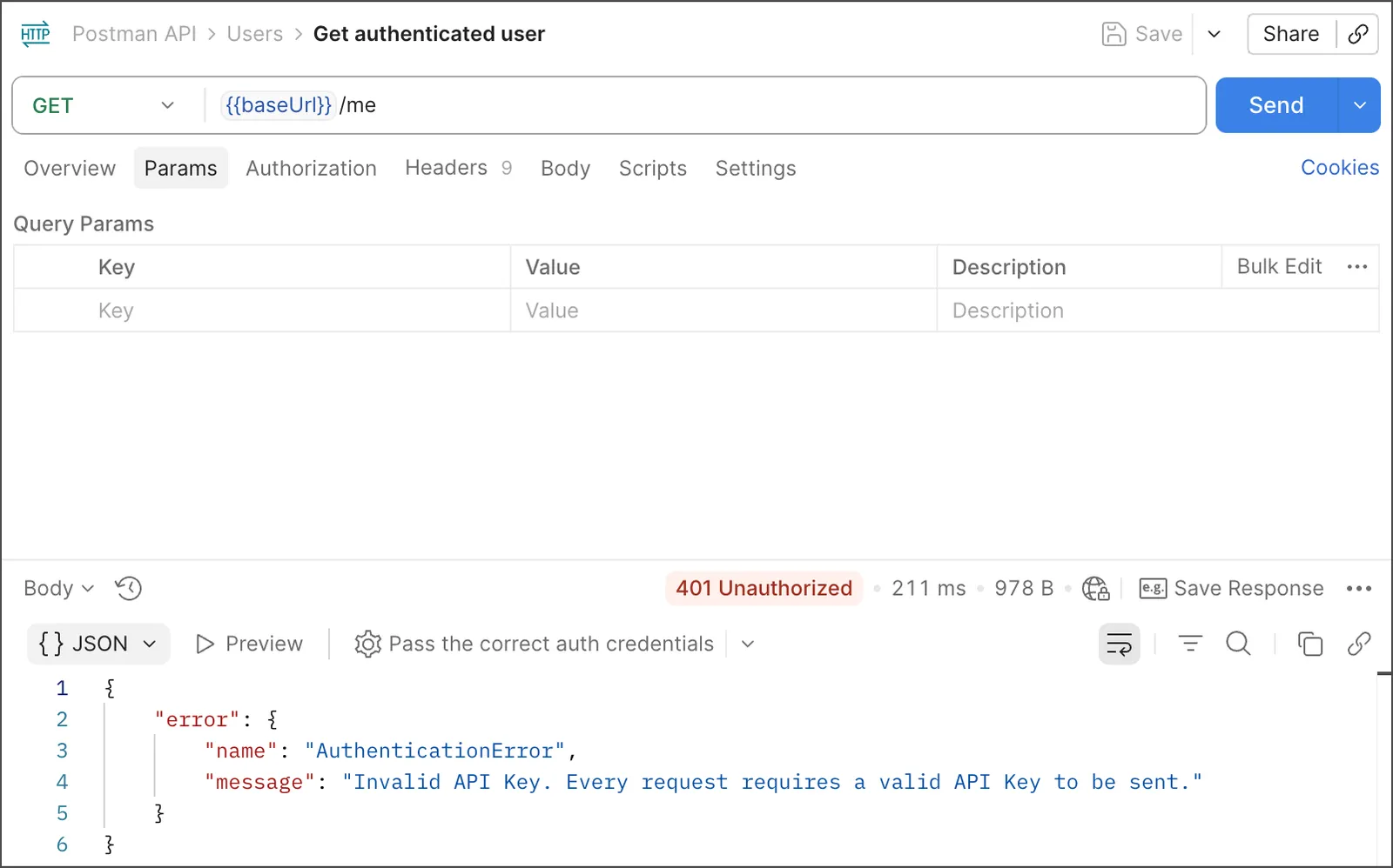 The Invalid API Key authentication error
