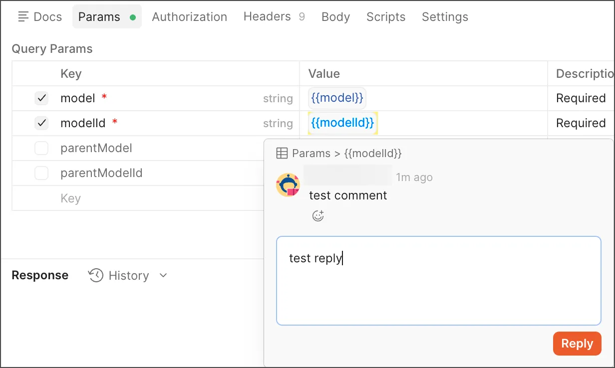 Reply to an inline comment on a request or example