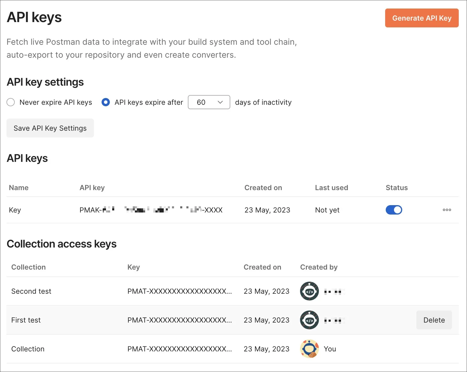 Deleting collection access keys